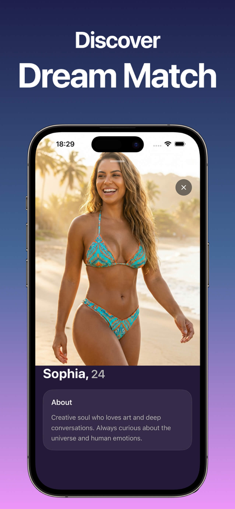 Candy Girl - AI Companion - Tela do aplicativo Candy Girl AI mostrando um perfil de IA chamado Sophia com o texto Descubra o Match dos Sonhos