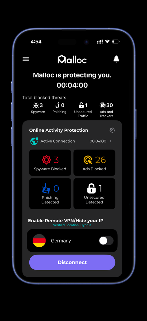 Malloc: Privacy & Security VPN - Malloc Privacy and Security VPN dashboard displaying blocked threats and active connection to Germany server