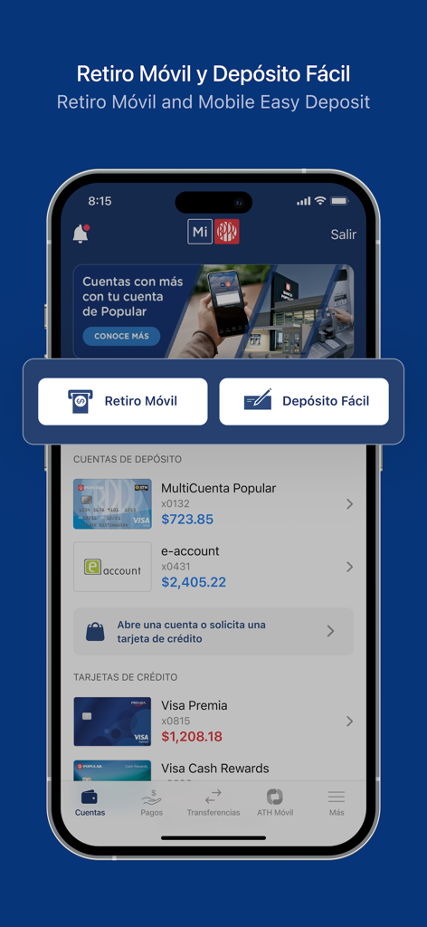 Mi Banco Mobile app interface displaying mobile withdrawal and easy deposit options with account balances