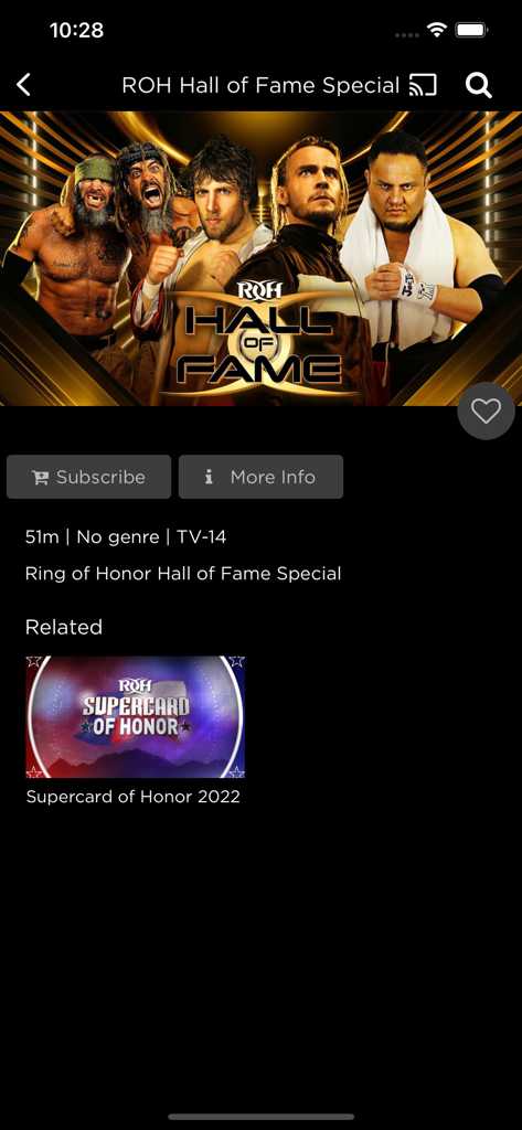 Ring of Honor - ROH mobile app showing the Hall of Fame Special video details page with famous wrestlers