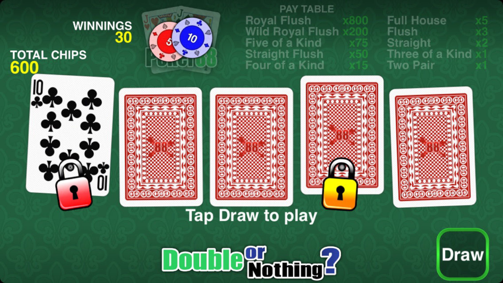 Poker 88 - Jacks or Better - Captura de pantalla de juego de Poker 88 Jacks or Better mostrando cartas de juego grandes y una tabla de pagos sobre un fondo verde.