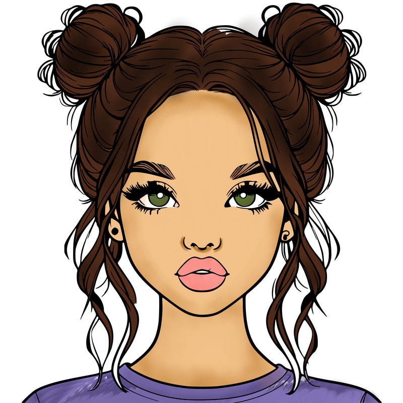 realistic girl with two buns in hair and lips