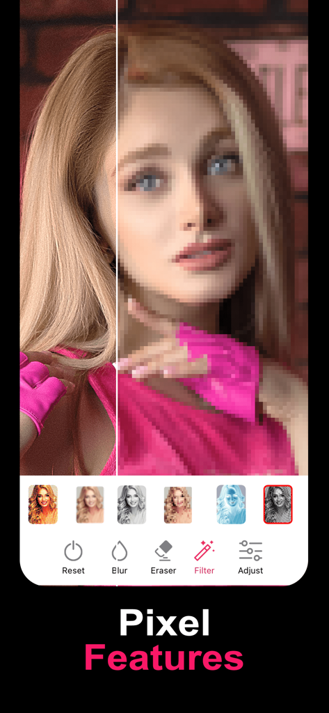 Blur Image -Blur Effect Editor - Oberfläche der Blur Image App, die eine geteilte Ansicht eines Pixel-Effektfilters zeigt, der auf ein Frauenporträt angewendet wird.
