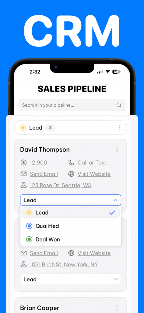 CRM Sales Pipeline - CRM Sales Pipeline app interface showing a customer profile with a dropdown menu to update lead status