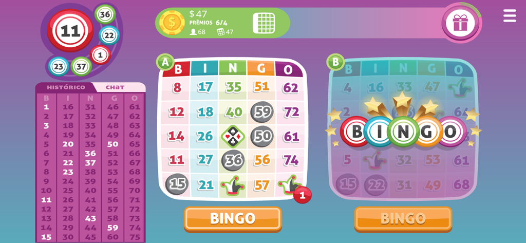 Mega Bingo Online - Screenshot di gioco di Mega Bingo Online che mostra due cartelle del bingo e una notifica di vincita.