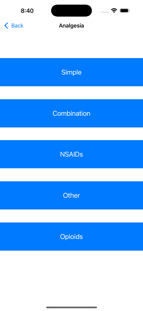 Écran de l'application Intern Cheat Sheet affichant les catégories de médicaments analgésiques comme les AINS et les Opioïdes.