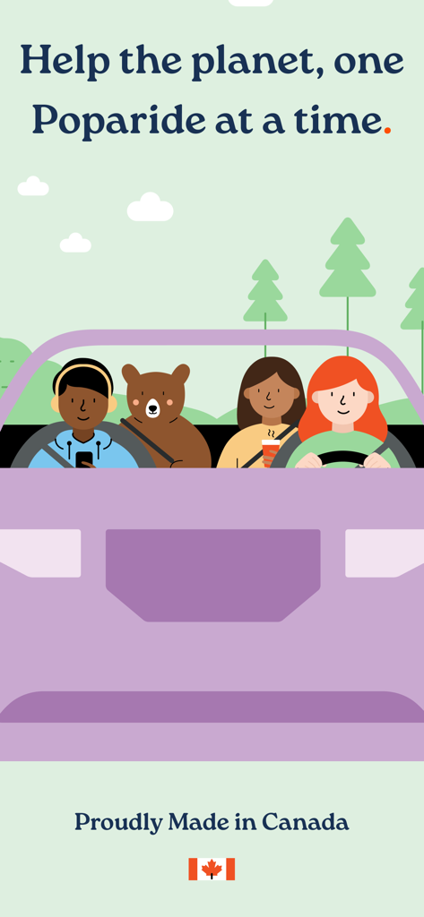 Poparide - Ilustración de dibujos animados de diversos pasajeros compartiendo coche en un vehículo morado con el eslogan Ayuda al planeta con cada Poparide