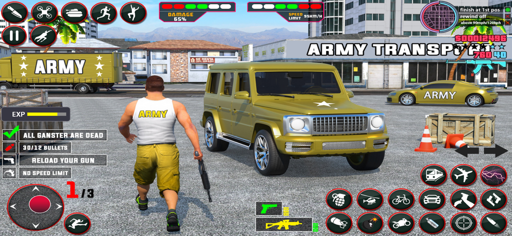 Army Transport Truck Sim 3D - A soldier character standing next to a military SUV and transport trucks in a 3D city environment