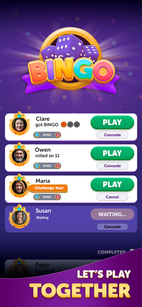 Bingo Dice app screen showing a list of active PvP matches against different players with play and concede options.
