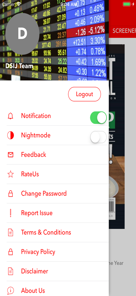 Dalal Street Journal- Magazine - Settings menu of the Dalal Street Journal Magazine app with options for notifications and night mode