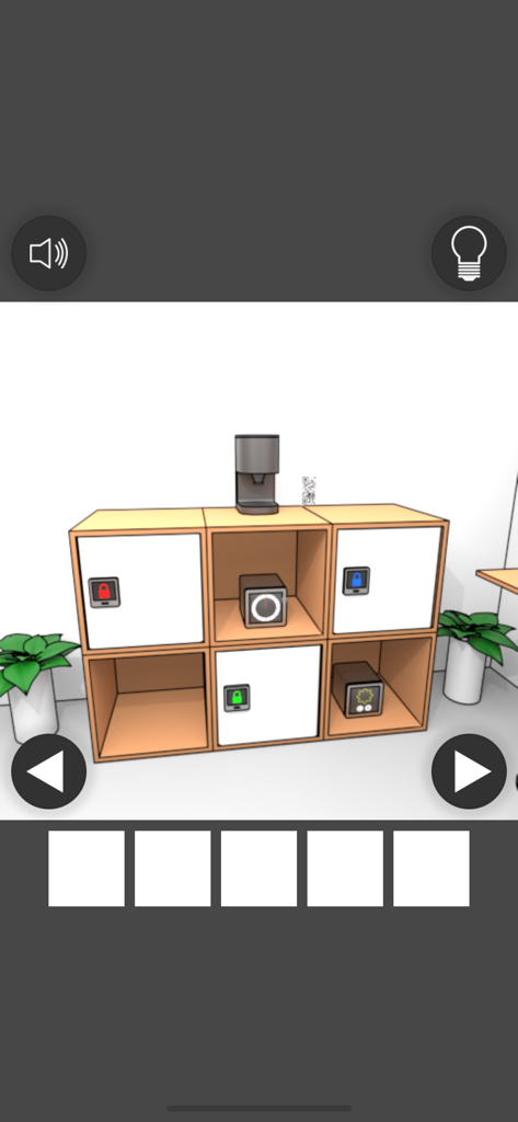 Computer Office Escape - A wooden shelf with locked compartments and office gadgets in the Computer Office Escape game.