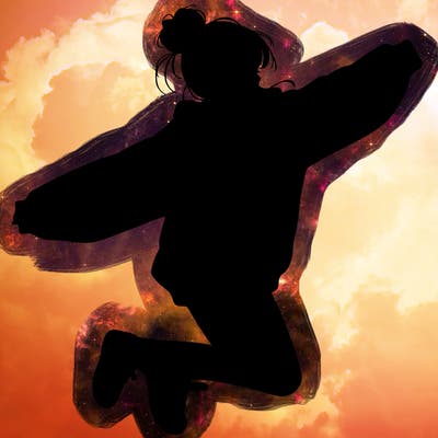 realistic girl jumping with a bun and oversized sweatshirt