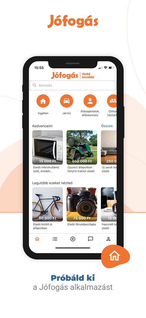 Interface of the Jofogas mobile app showing various classified categories and product listings in Hungarian