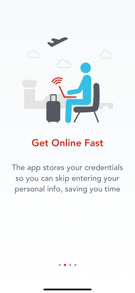 Boingo Wi-Finder - Pantalla de incorporación de la aplicación Boingo Wi-Finder que muestra a un viajero usando una computadora portátil en una terminal de aeropuerto