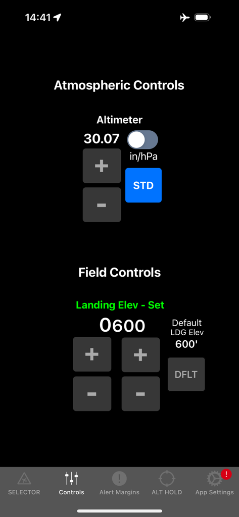 AltitudeAlert app interface showing atmospheric controls for altimeter settings and field controls for landing elevation.
