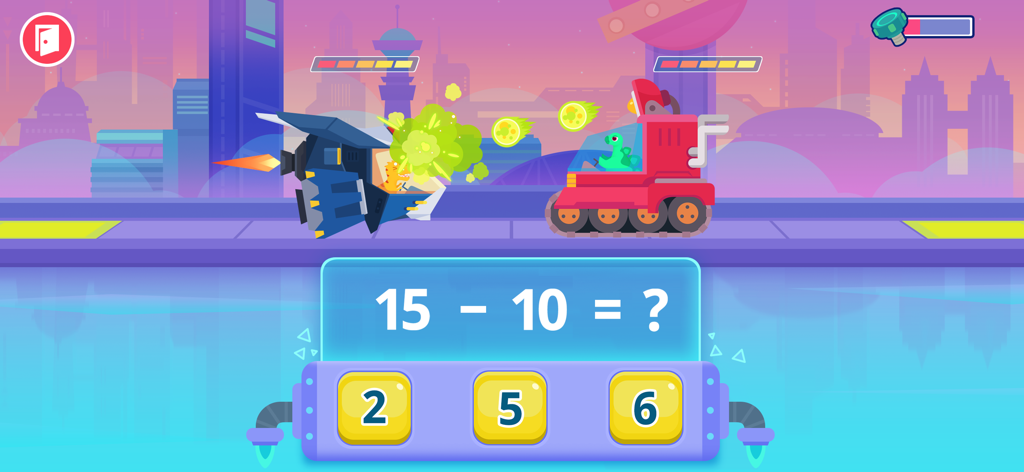 Dinosaur Math - Games for kids - 공룡 수학 앱에서 뺄셈 문제를 풀면서 전투 중인 메카를 조종하는 공룡.