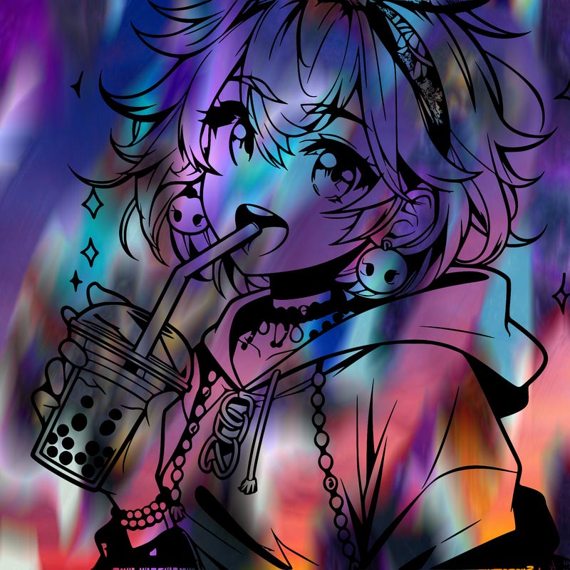 hot baddie anime girl drinking boba and biting the straw