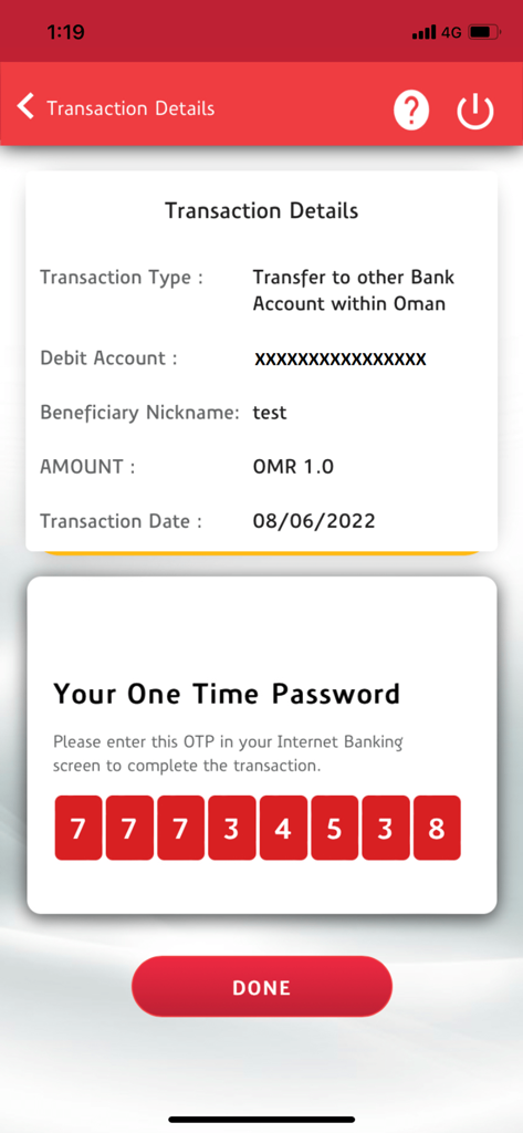 Bank Muscat Soft Token - A mobile screen displaying transaction details and an 8-digit one-time password for secure banking authentication.