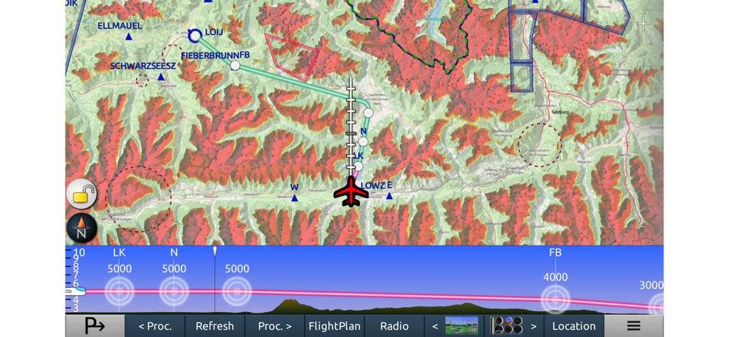 Interface of the Horizon Portable Glass Cockpit app showing a moving map with terrain highlighting and a vertical flight profile
