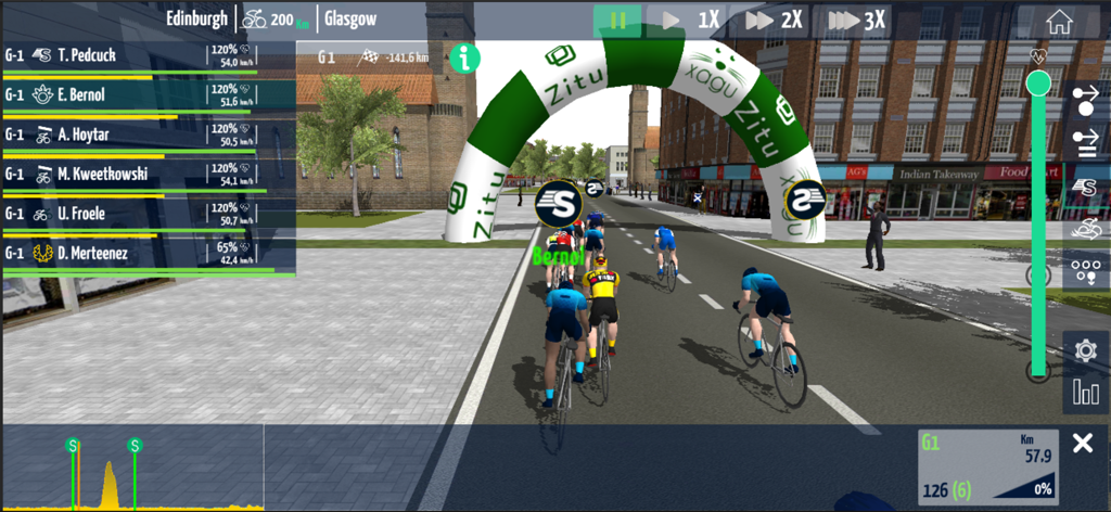 3D cycling race simulation with real time rider statistics and management interface