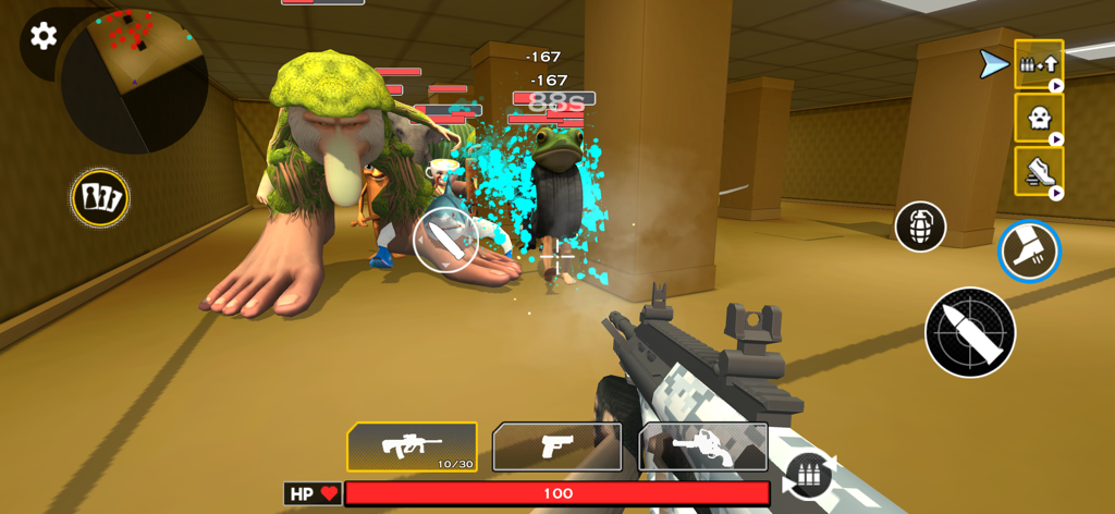 Survival in Brainrot: Shooter - Vista en primera persona de un jugador disparando a monstruos de memes en un entorno de laberinto en Survival in Brainrot: Shooter