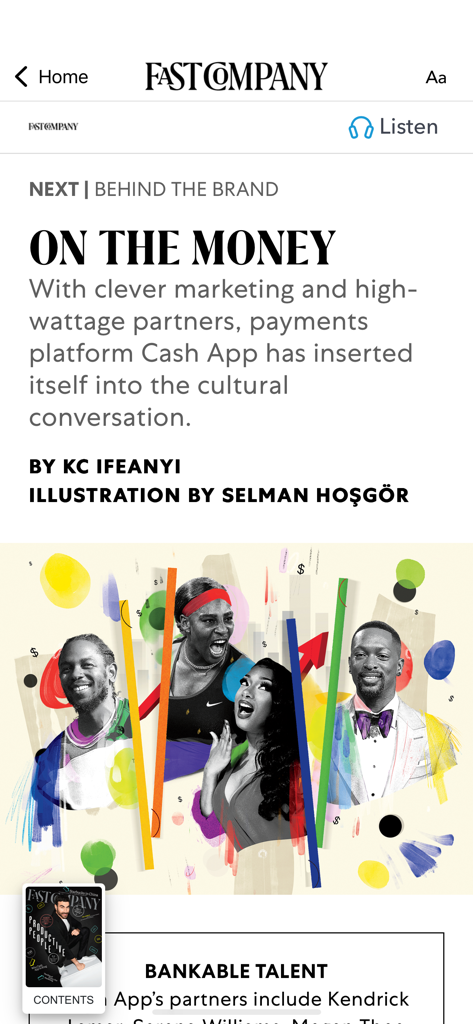 Fast Company Magazine App - Screenshot eines Artikels mit dem Titel On the Money in der Fast Company Magazine App mit einer bunten Illustration von Prominenten