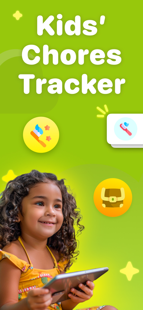Neat Kid: Daily Kids Chore App - A young girl smiling while using the Neat Kid chore tracker app on a digital tablet