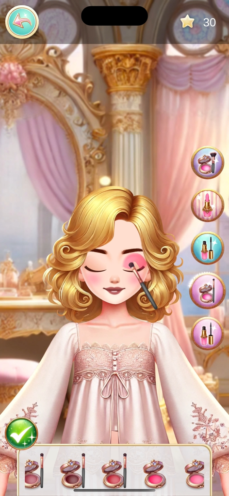 Princess- Make Over - Un personaje de princesa rubia recibiendo sombra de ojos rosa aplicada con un pincel de maquillaje en una interfaz de juego de salón de belleza real.