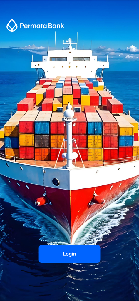 Login screen of the Permata eBusiness app with a cargo ship background
