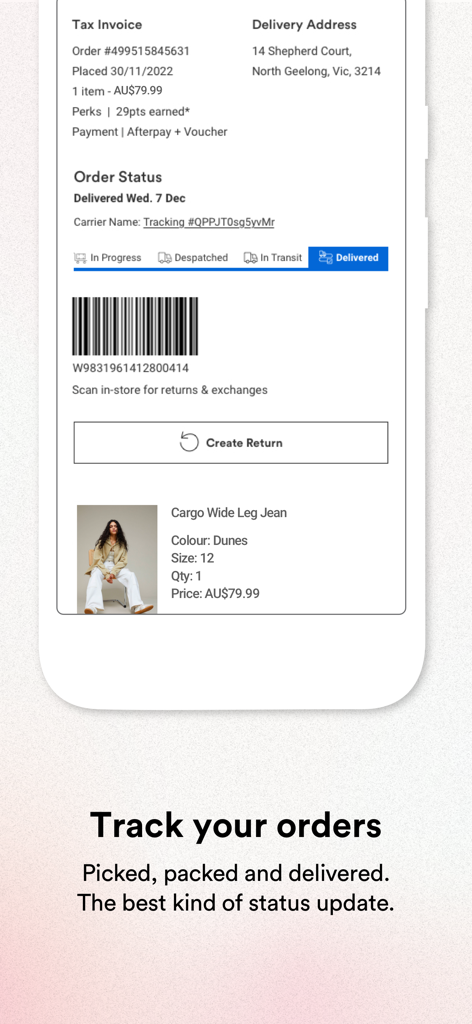 Cotton On - Cotton On app interface showing order tracking status and delivery updates