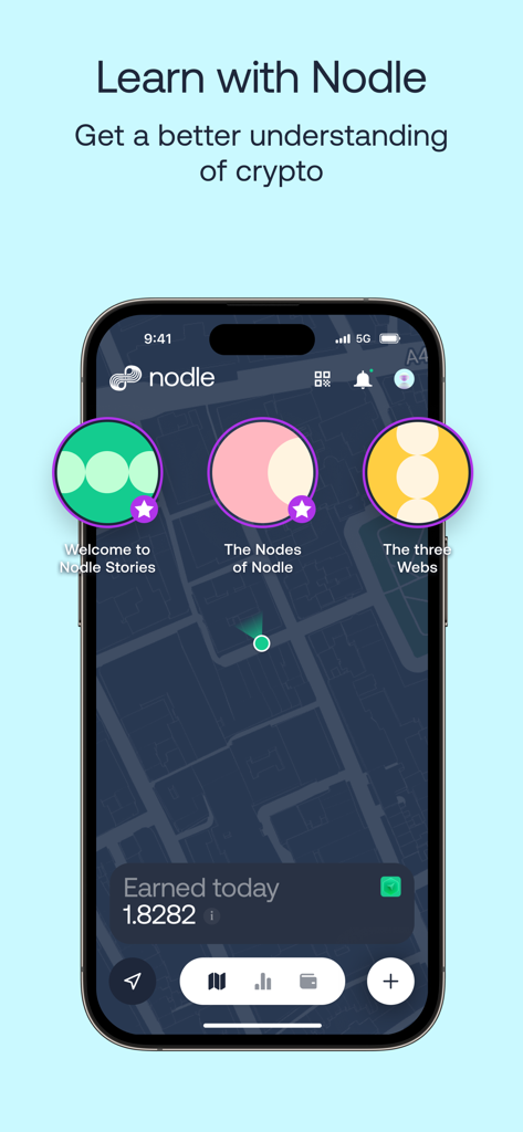 The Nodle app interface displaying educational modules for learning about crypto and blockchain
