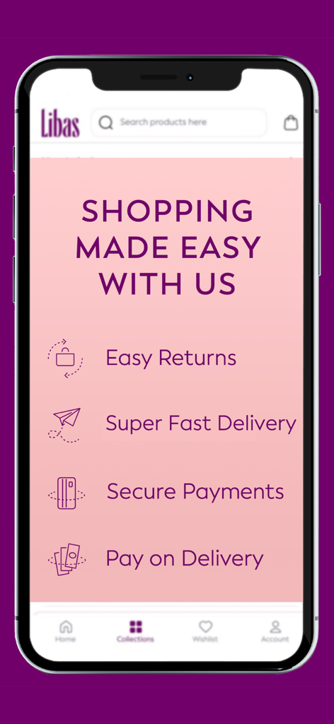 Libas fashion app screen displaying easy returns fast delivery and secure payment options