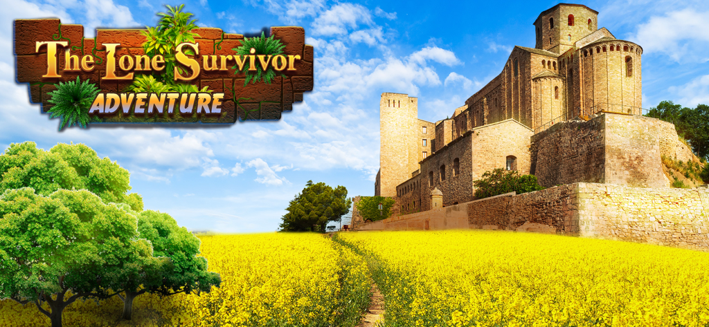 The Lone Survivor - Adventure - Uma fortaleza de pedra misteriosa com vista para um vasto campo de flores amarelas no jogo de aventura O Sobrevivente Solitário