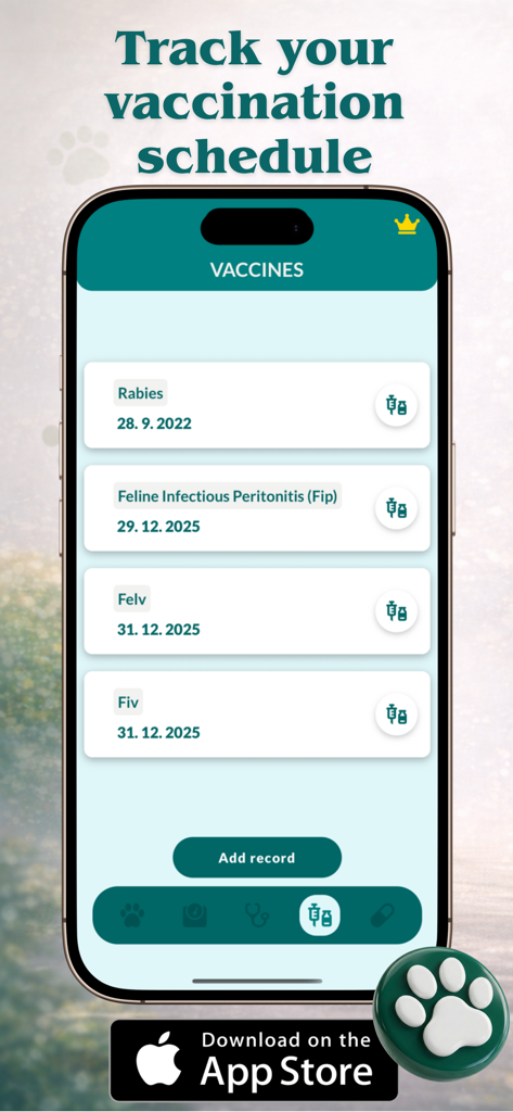 Vet Record - pet health track - Vet Record app interface showing a pet vaccination schedule for rabies and feline infectious diseases.