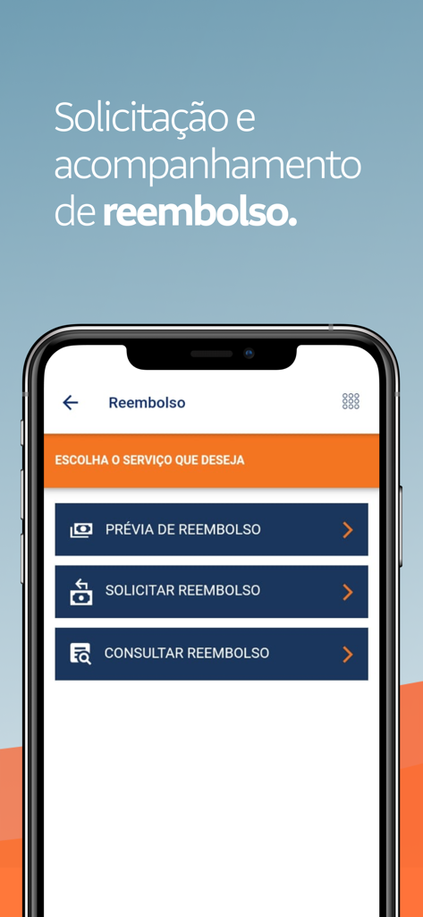 SulAmérica Odonto mobile app screen showing options for dental reimbursement preview, request, and status tracking.