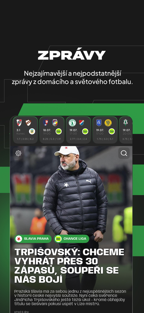 Screenshot of the 93mins app interface showing soccer news headlines and match scores