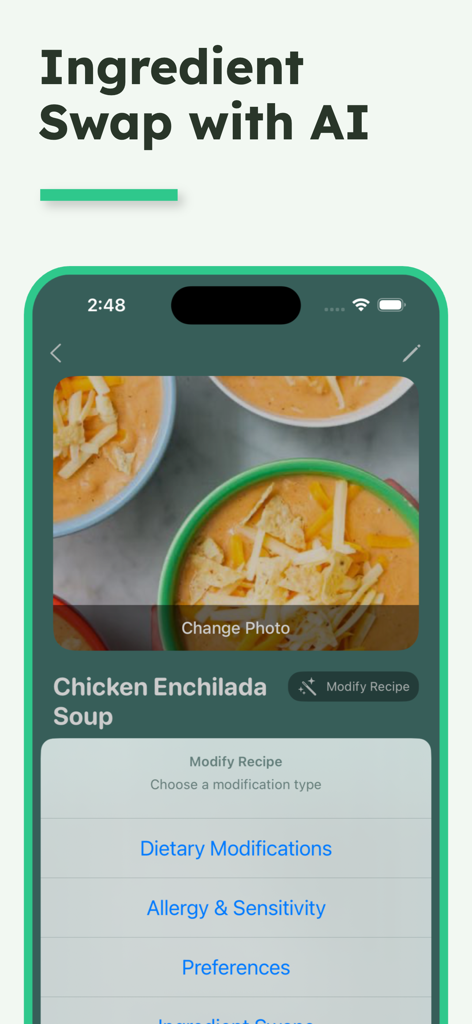 PlateMate AI - PlateMate AI app interface showing dietary and allergy modification options for a chicken enchilada soup recipe