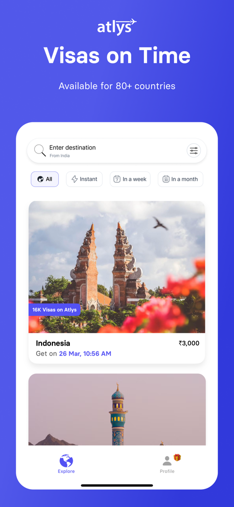 Atlys mobile app home screen showing visa application options and search for international destinations like Indonesia.