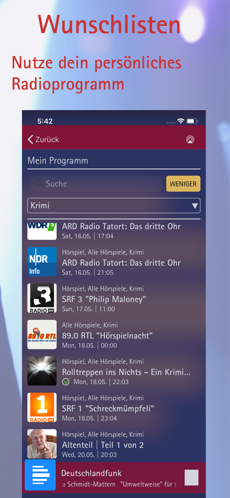 phonostar Radio - Radioplayer - Screenshot der phonostar Radio App, der einen personalisierten Radio-Programmplan mit Krimidramenfolgen zeigt