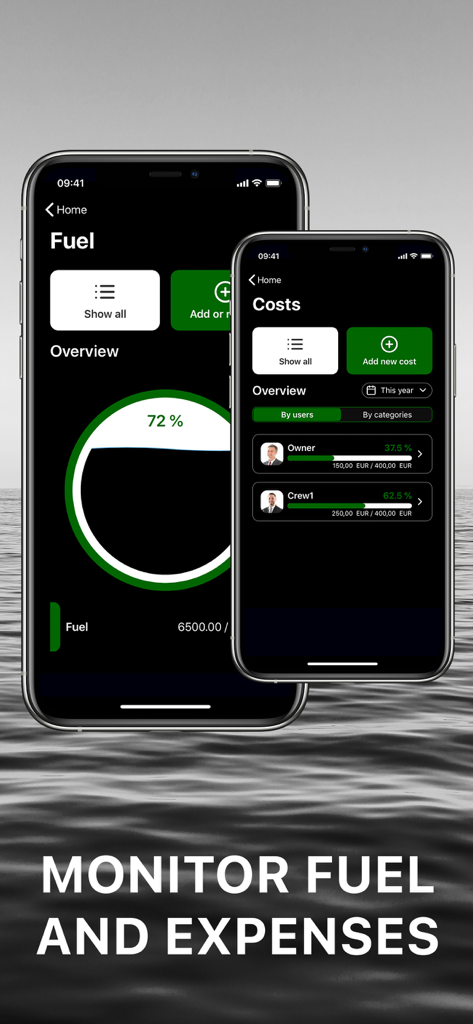 Yacht Manager App - Yacht Manager App screens for monitoring vessel fuel levels and tracking expenses