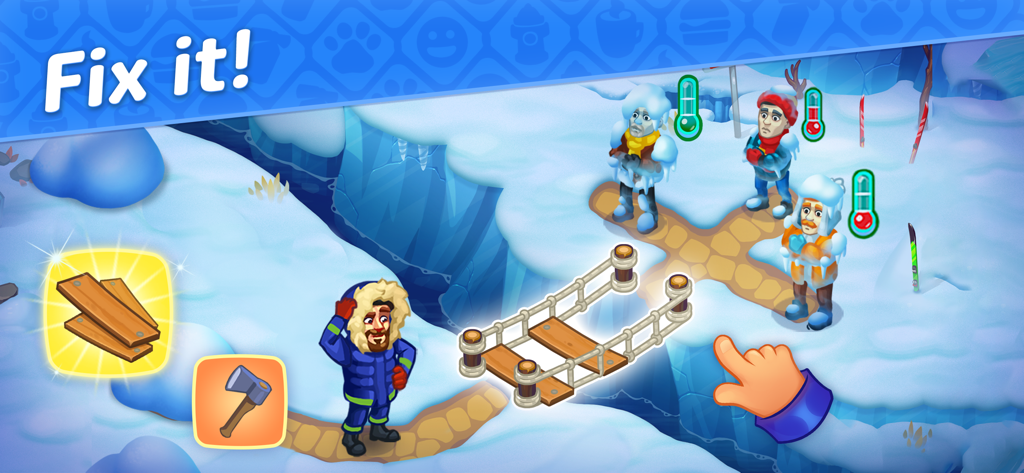 Rescue Dash - Um personagem consertando uma ponte em uma paisagem nevada para alcançar três pessoas congelando no jogo Rescue Dash.