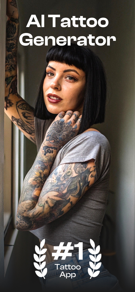 Tattooist: AI Tattoo Generator - Una mujer con tatuajes en el brazo mostrada en la pantalla de la aplicación Tattooist AI Tattoo Generator.