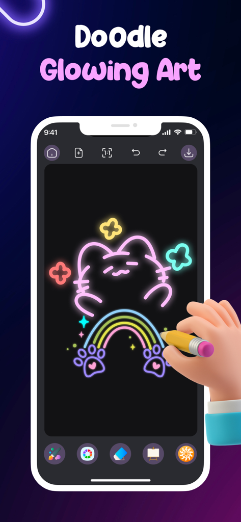 Doodle Magic: Joy Glow Drawing - A glowing neon cat and rainbow doodle being drawn on a smartphone screen with a digital pencil.