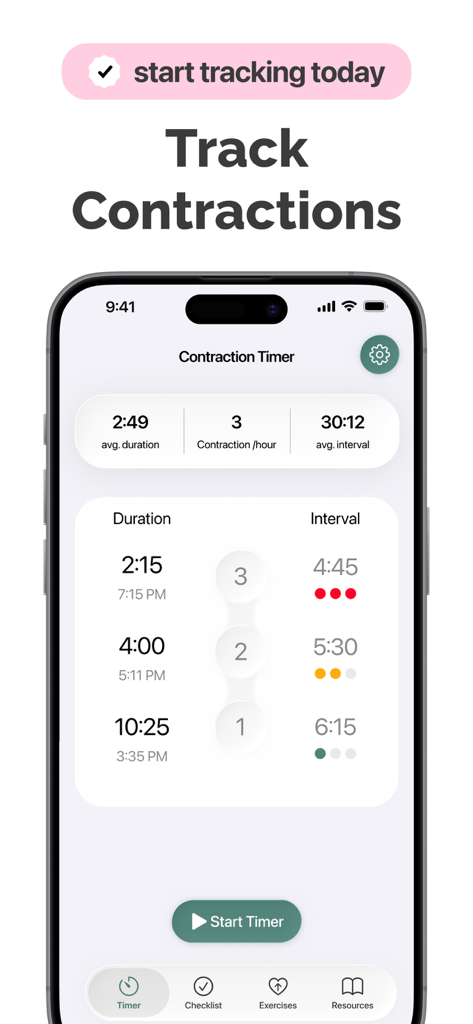 Smartphone screen showing the Contraction Timer and Tracker app interface with labor duration and interval logs