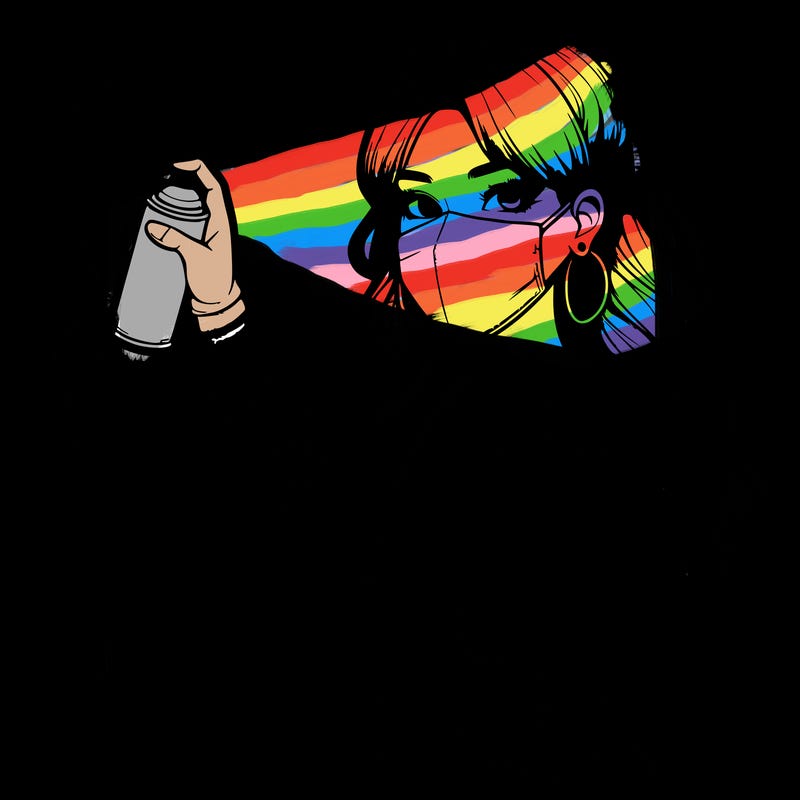 realistic girl with mask spray painting a wall