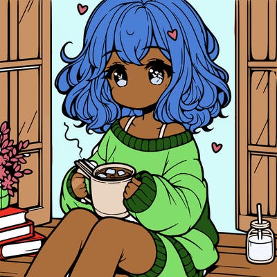 cute anime girl reading book and drinking hot chocolate from mug with loose wavy hair wearing a baggy sweatshirt and shorts sitting by windowsill looking out