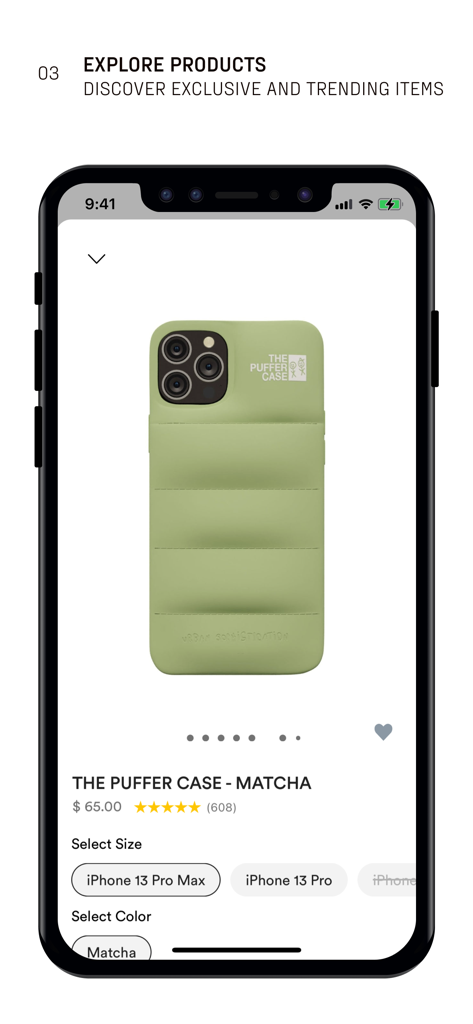 Urban Sophistication - Urban Sophistication mobile app displaying a matcha green puffer iPhone case product page with sizing and pricing options
