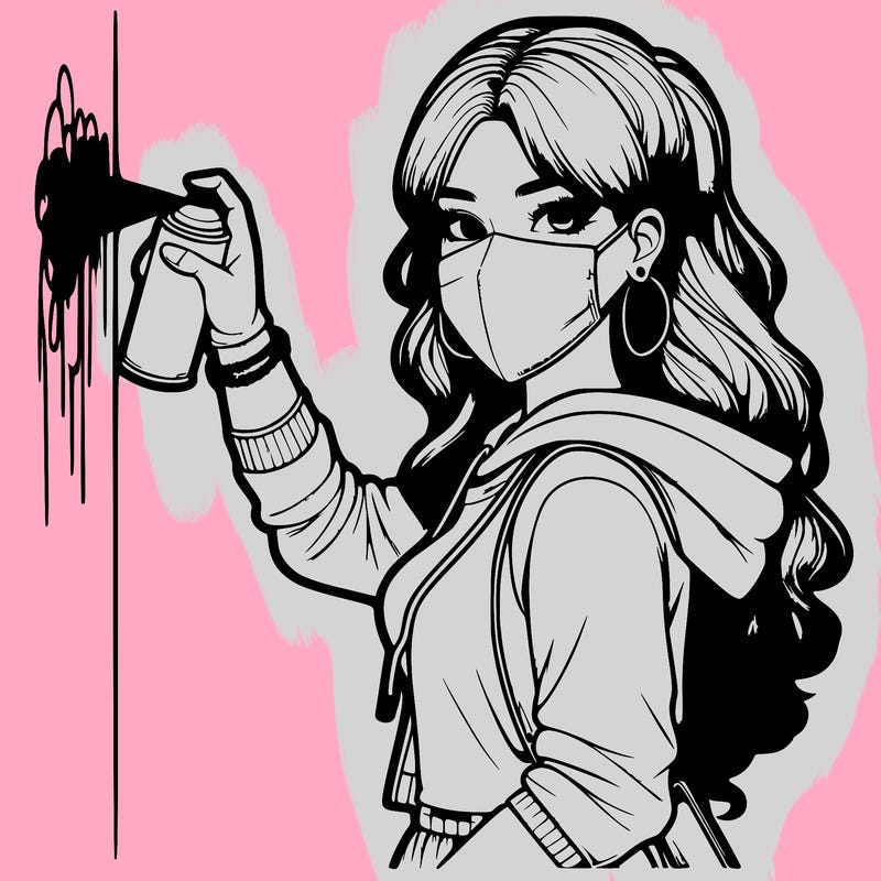 realistic girl with mask spray painting a wall