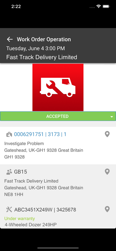 Infor MFS Cloud - Infor MFS Cloud app screen showing accepted work order details for a field service technician