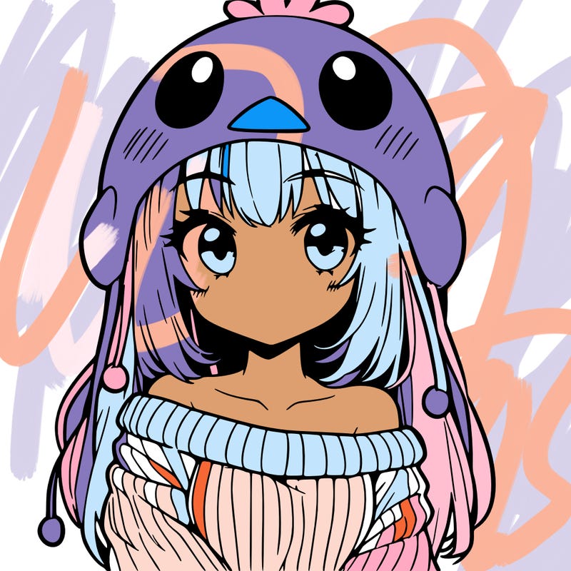 anime girl with chick shaped hat with sweater with bare shoulders with bangs covering them one eye with low tail